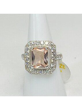 Ring Bomb Party Ring, size 7, light peach stone silver color band, CZ looking ac